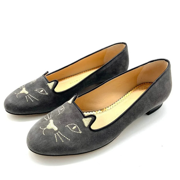 Charlotte Olympia Kitty Cat Gray Suede Flats Loafers, EU 38 US 7.5-8 - Picture 3 of 12